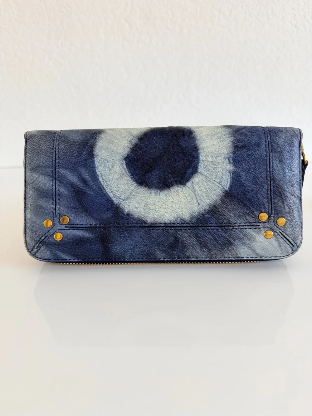 Jerome Dreyfuss Blue Tie-Dye Zip Wallet with Gold Studs